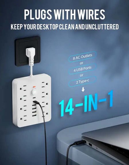 14-in-1 Power Adapter: USB, Type-C, AC Outlets, Surge Protector-Zy Fulfill