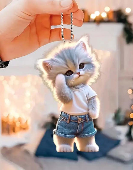 Cute Denim Cat Keychain Adorable Acrylic Pet Car Accessory-Zy Fulfill