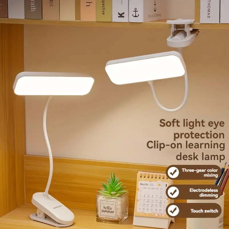 Clip-On LED Desk Lamp, Dimmable & Rechargeable | USB Powered