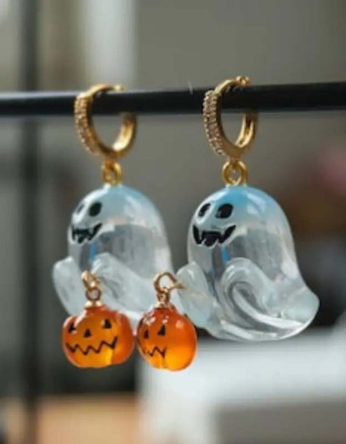 Load image into Gallery viewer, Charming Halloween Ghost &amp; Pumpkin Hoop Earrings
