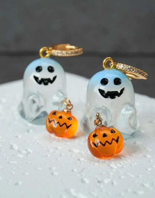 Load image into Gallery viewer, Charming Halloween Ghost &amp; Pumpkin Hoop Earrings
