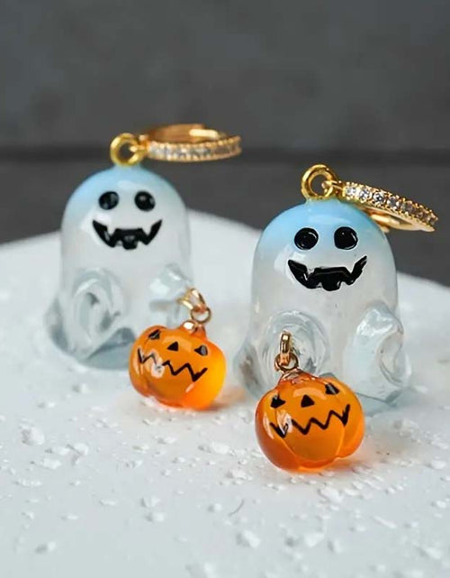 Load image into Gallery viewer, Charming Halloween Ghost &amp; Pumpkin Hoop Earrings
