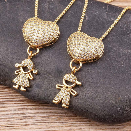 Luxury Copper Zircon Boy Girl Heart Pendant Necklace Mother's Day Gift-Zy Fulfill
