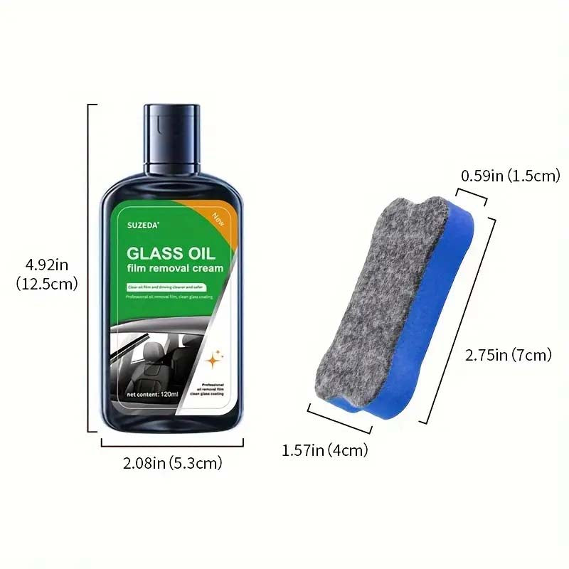 Windshield Cleaner & Oil Film Remover - 4.06oz Bottle + Sponge | Streak-Free Car Glass Cleaner.