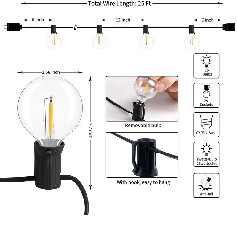 XERGY 25ft Outdoor G40 String Lights - 26 Edison Break-Proof Bulbs