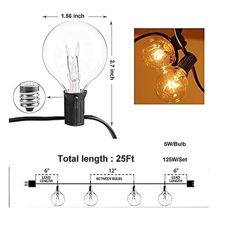 XERGY 25ft Outdoor G40 String Lights - 26 Edison Break-Proof Bulbs