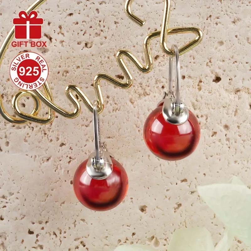 S925 Sterling Silver Red Pearl Dangle Earrings – Luxury French Style