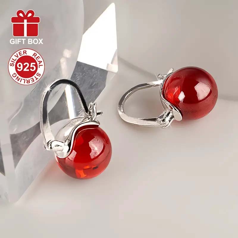 S925 Sterling Silver Red Pearl Dangle Earrings – Luxury French Style