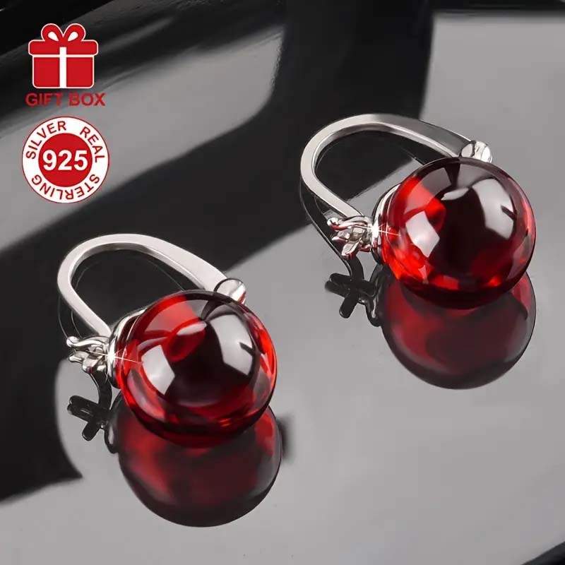 S925 Sterling Silver Red Pearl Dangle Earrings – Luxury French Style