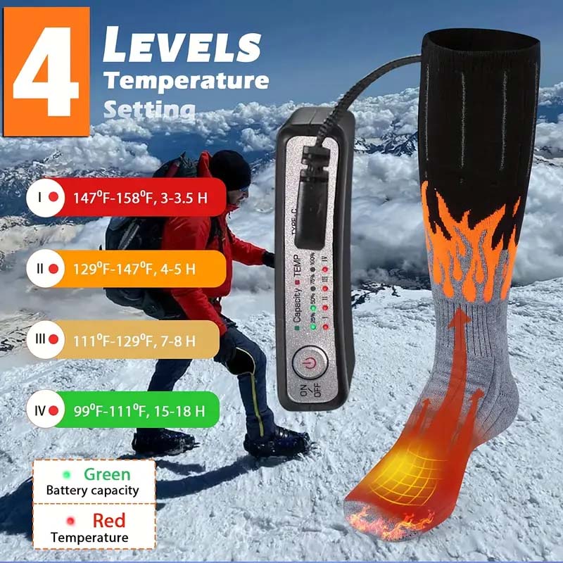 Heated Socks – Rechargeable Battery Socks with 4 Heat Settings for Men & Women