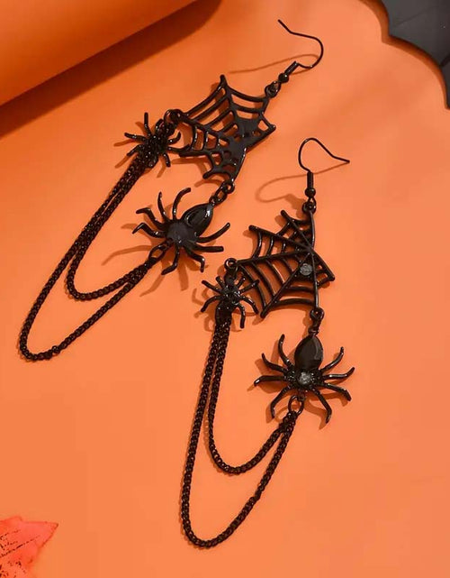 Load image into Gallery viewer, Vintage Gothic Spider Web Tassel Earrings – Rhinestone Dangle, Halloween Party
