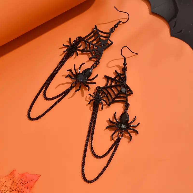 Vintage Gothic Spider Web Tassel Earrings – Rhinestone Dangle, Halloween Party